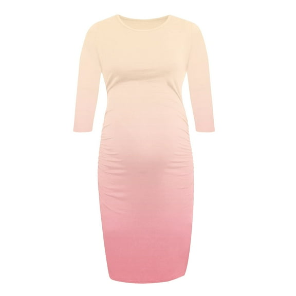 Fesfesfes Maternity Everyday Dress Long Sleeve Round Neck Solid Color Comfortable Pregnancy Dress for Women Office or Casual Wear(Pink,S)