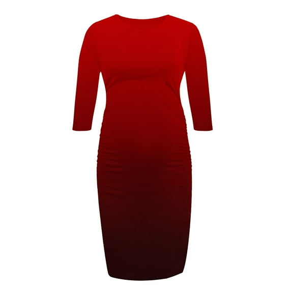 Fesfesfes Maternity Everyday Dress Long Sleeve Round Neck Solid Color Comfortable Pregnancy Dress for Women Office or Casual Wear(Red,S)