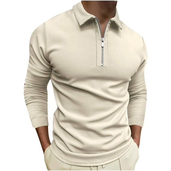 Fesfesfes Men Blouse Shirts Turn-Down Collar Zip Up Pullover Tops Casual Slim Fit Basic Long Sleeve T-Shirt
