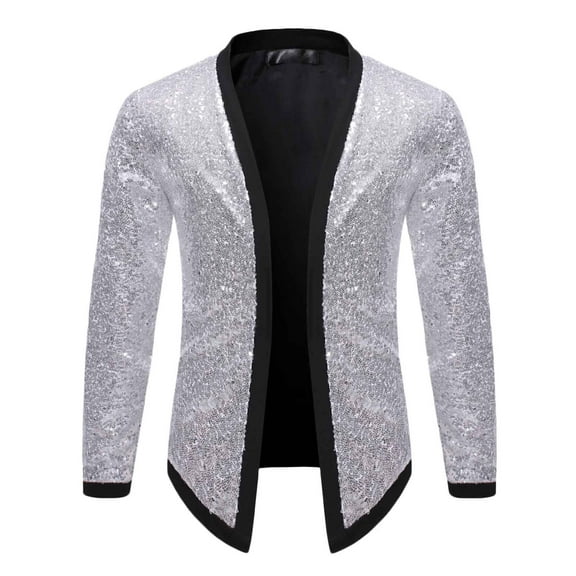 Fesfesfes Men Cardigan Casual Solid Long Sleeve Shirt Sequin Tops Dance Dress Cardigan Jacket