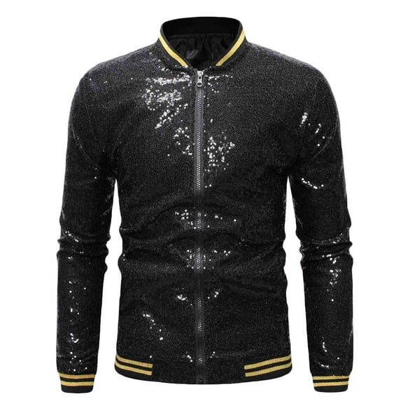 Fesfesfes Men Casual Blouse Solid Standing Collar Long Sleeve Shirt Sequin Dance Shirt Zipper Jacket