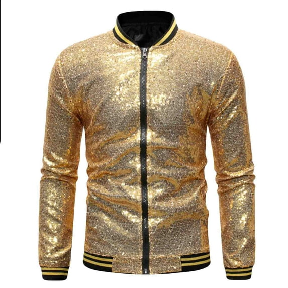 Fesfesfes Men Casual Blouse Solid Standing Collar Long Sleeve Shirt Sequin Dance Shirt Zipper Jacket