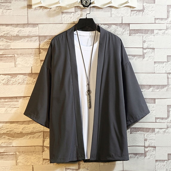 Fesfesfes Men Casual Cardigan Solid Color 3/4 Sleeve Cardigan Ice Silk Sun Protection Loose Tops