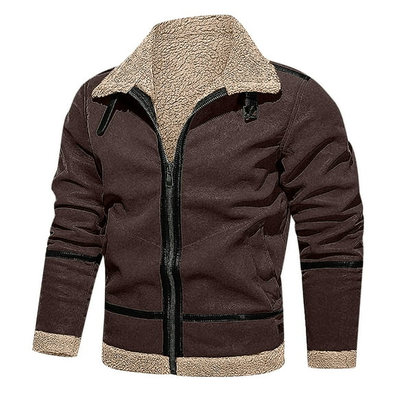 Fesfesfes Men Casual Plush Jacket Keep Warm Thicken Long Sleeve Shirt Turndown Jacket Zipper Patchwork Coats