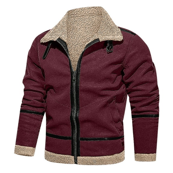 Fesfesfes Men Casual Plush Jacket Keep Warm Thicken Long Sleeve Shirt Turndown Jacket Zipper Patchwork Coats Under $10