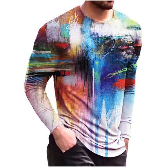 Fesfesfes Men Long Sleeve Tops Round Neck Print Color Casual T-Shirt Long Sleeve Tops Top