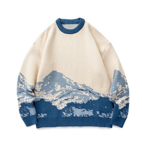 Fesfesfes Men Round Neck Long Sleeve Shirt Tie-dyeing Mountain Print Sweater Pullover Knit Top Clearance