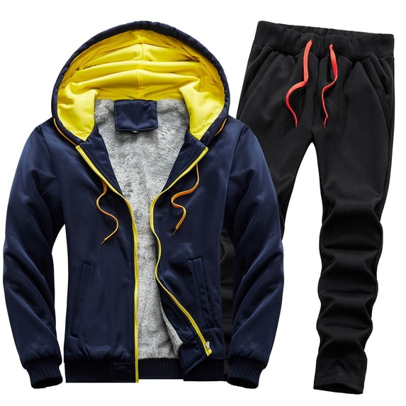 Fesfesfes Men's Fall And Winter Loose Casual Solid Color Jacket + Pants Two-piece Suit