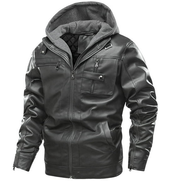 Fesfesfes Men's Faux Leather Jacket Multi-pocket Large Size Jacket Clip Cotton Jacket With Long Zipper Cuffs Detachable Hooded Jacket