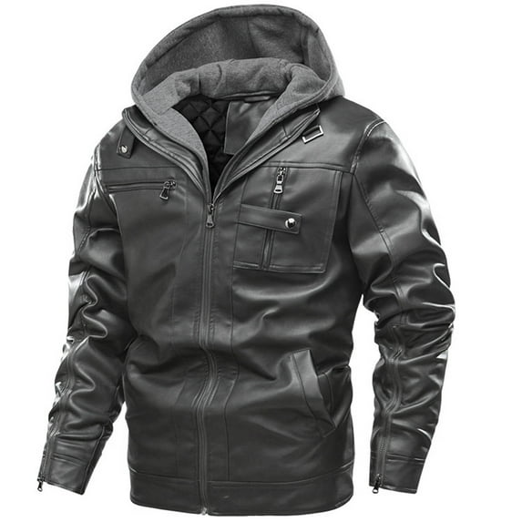 Fesfesfes Men's Faux Leather Jacket Multi-pocket Large Size Jacket Clip Cotton Jacket With Long Zipper Cuffs Detachable Hooded Jacket On Sale
