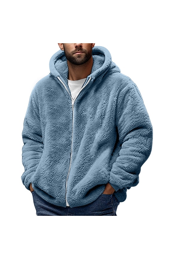 Men's Zipper Flannel Cardigan Winter Warm Fleece Jacket Solid Color Plush Cardigan Warm Coat Plus Size