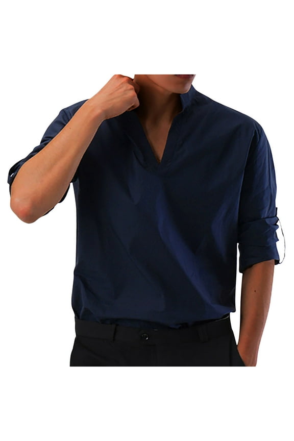 Men's Shirt Casual Deep V Sexy Long Sleeve Shirt Solid Color Multi-code