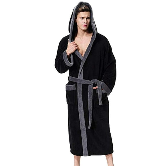 Fesfesfes Mens Coat Patchwork Long-sleeved Hooded Belted Comfortable Night Gown Bathrobe On Sale