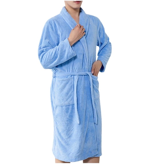 Fesfesfes Mens Solid Long Velvet Bathrobe Winter Warm Thick Loose Long Sleeve Nightgown Cozy Plush Robe Soft Home Loungewear Comfortable Housewear(Blue,Free Size)