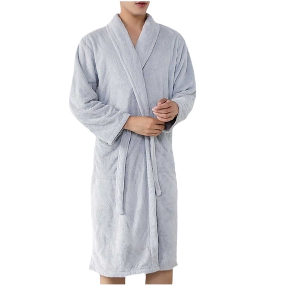 Fesfesfes Mens Solid Long Velvet Bathrobe Winter Warm Thick Loose Long Sleeve Nightgown Cozy Plush Robe Soft Home Loungewear Comfortable Housewear(Gray,Free Size)
