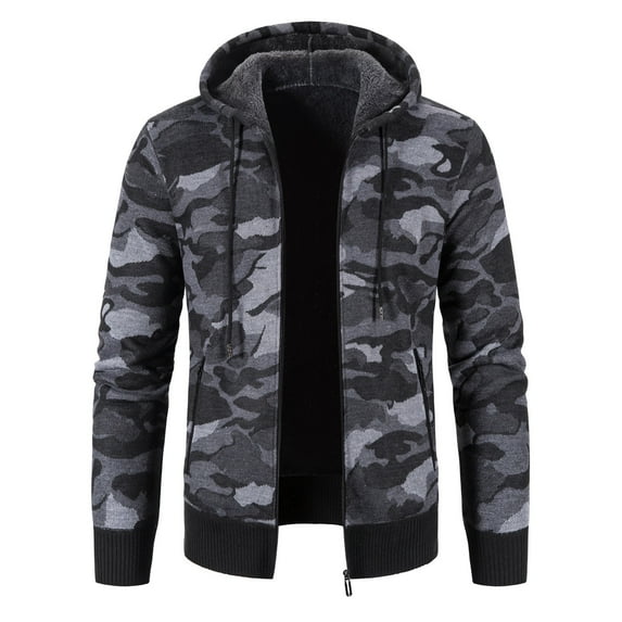 Fesfesfes Mens Sweater Winter Hoodie Jacket Zipper Long Sleeve Hooded Knitted Sweater Tops Outwear Coat or