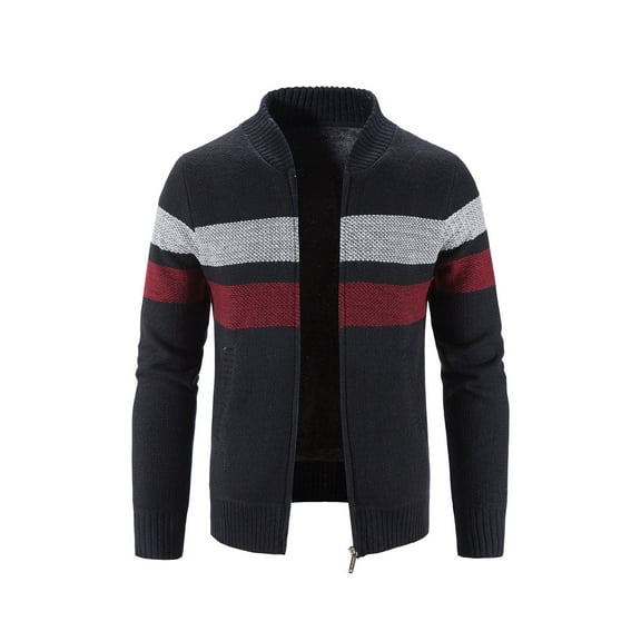 Fesfesfes Mens Sweater Winter Turtleneck Zipper Jacket Long Sleeve Stripe Knitted Sweater Top Outwear Coat