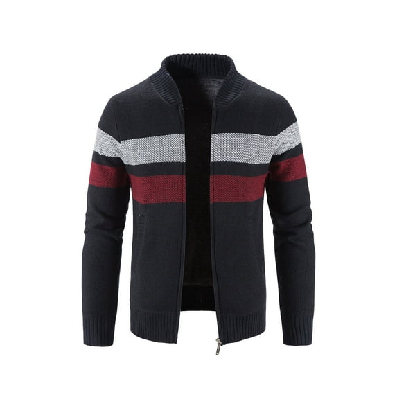 Fesfesfes Mens Sweater Winter Turtleneck Zipper Jacket Long Sleeve Stripe Knitted Sweater Top Outwear Coat