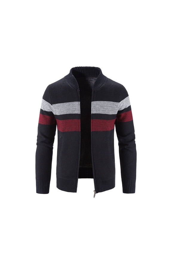 Mens Sweater Winter Turtleneck Zipper Jacket Long Sleeve Stripe Knitted Sweater Top Outwear Coat