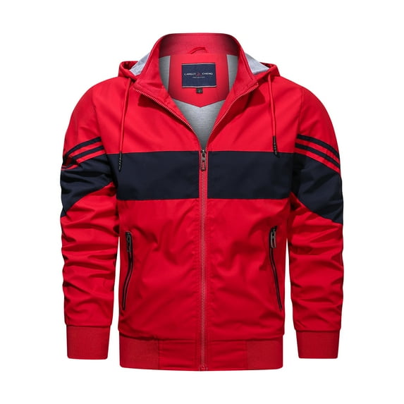 Fesfesfes Mens Thicken Jacket Contrasting Color Hooded Zipper Casual Warm Windproof Pocket Motorcycle Jacket Under $10