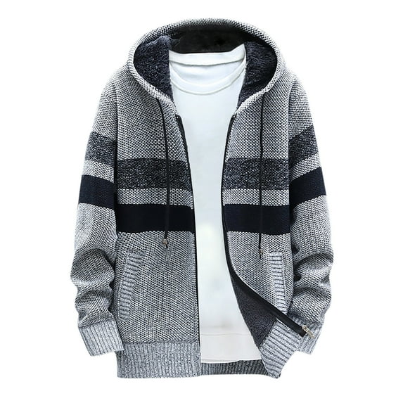 Fesfesfes Mens Winter Fleece Coat Casual Patchwork Long Sleeve Knitting Hooded Cardigan Zipper Coats