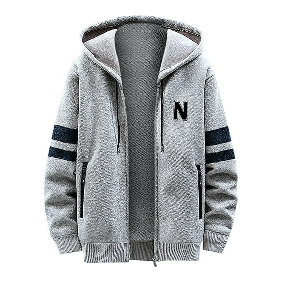 Fesfesfes Mens Winter Fleece Coat Casual Patchwork Long Sleeve Knitting Hooded Cardigan Zipper Sweater Coats Under $10