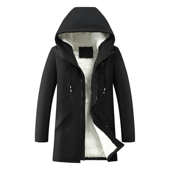 Fesfesfes Mens Winter Fleece Coat Casual Solid Hooded Zipper Hooded Mid Length Long Sleeve Jacket Coats Under $10