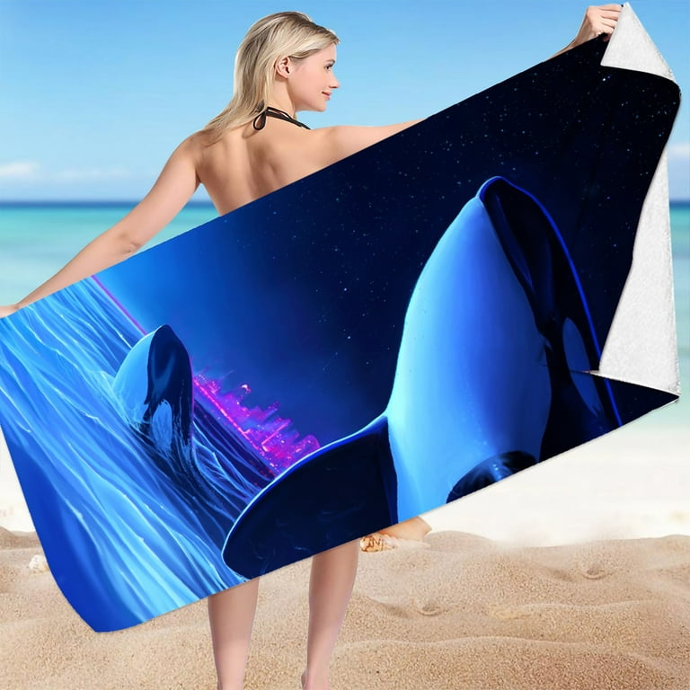 Fesfesfes Microfiber Beach Towel Super Lightweight Colorful Bath Towel  Sandproof Beach Blanket Multi-Purpose Towel For Travel Swimming Pool 30x60  Inch — Blue Ocean and Killer Whale Pattern 