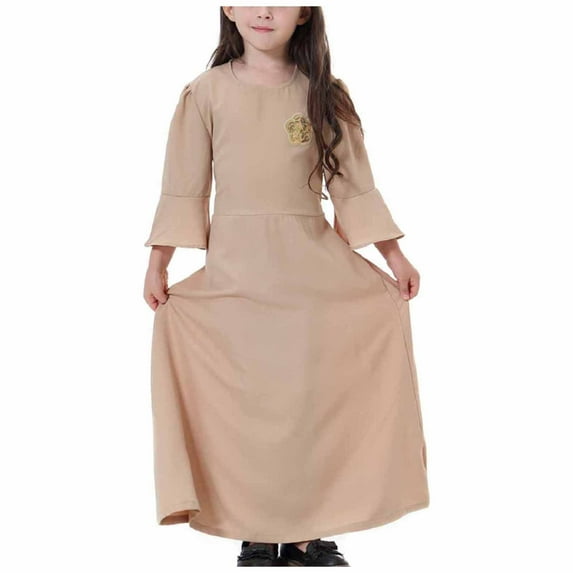 Fesfesfes Muslim Long Dress Solid Color Maxi Dress Big Girls Long Sleeve Dress Crewneck Comfy Loose Dress On Sale