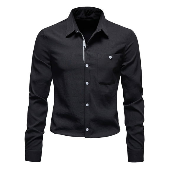 Fesfesfes New Long Sleeve Dressy Blouse for Men Solid Color Casual Lapel Button Light Business Shirt On Sale