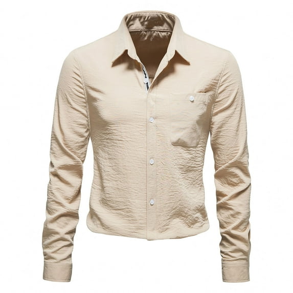 Fesfesfes New Long Sleeve Dressy Blouse for Men Solid Color Casual Lapel Button Light Business Shirt