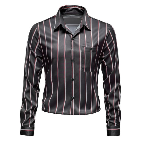 Fesfesfes New Style Long Sleeve Blouse Mens Striped Print Dressy Tops Casual Lapel Button Light Business Shirt Under $10