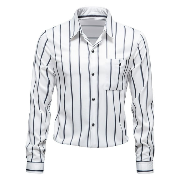 Fesfesfes New Style Long Sleeve Blouse Mens Striped Print Dressy Tops Casual Lapel Button Light Business Shirt Sale Items