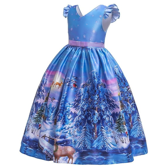 Fesfesfes New Year Girls Christmas Princess Long Dress Elegant Children's Multiple Styles Printing Theme Party Dress Spring