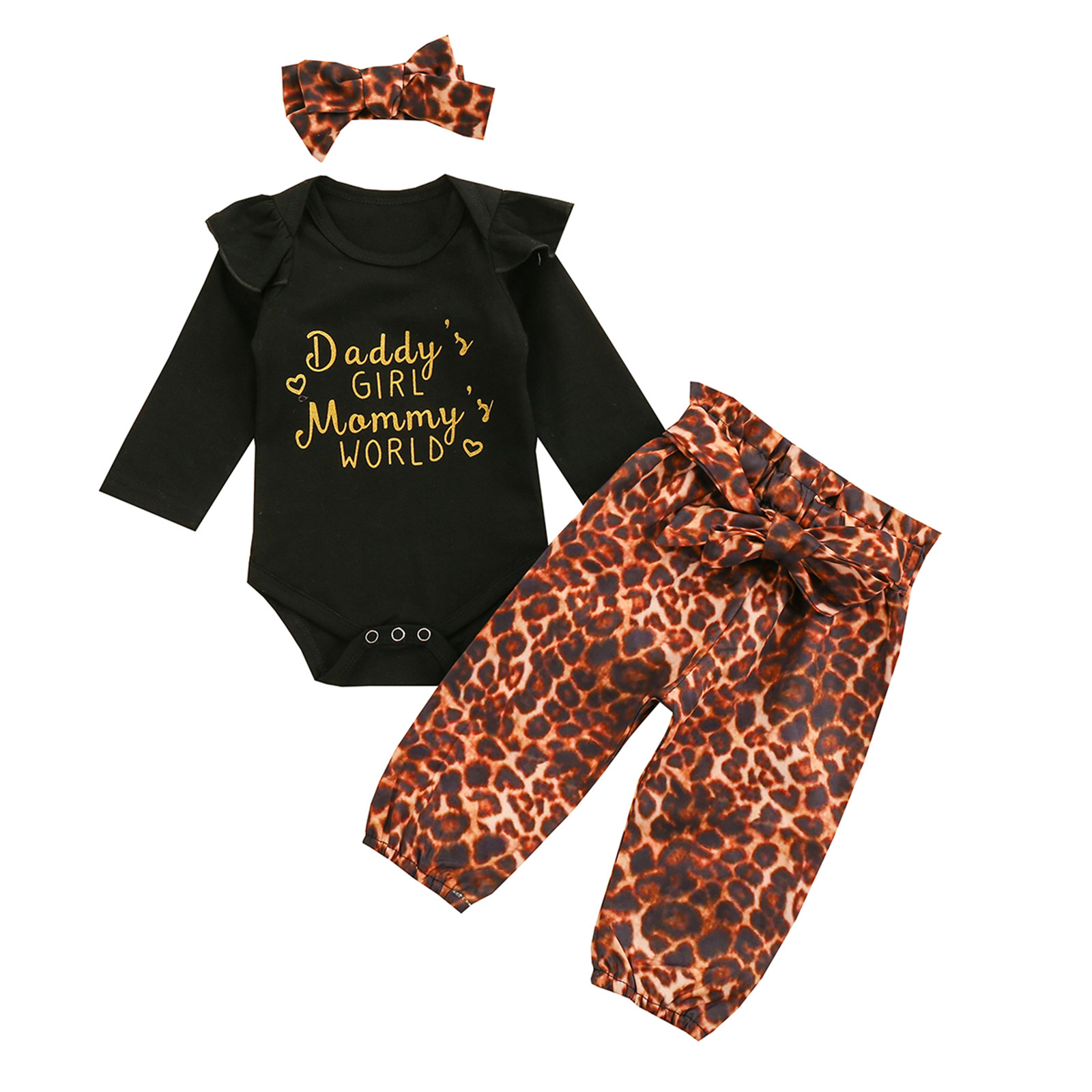 Fesfesfes Newborn Baby Jumpsuit Girls Letter Romper+ Leopard Pants