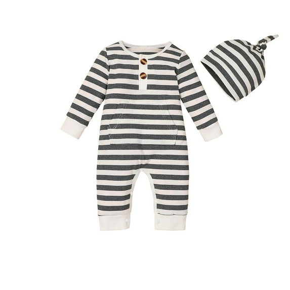 Fesfesfes Newborn Baby Pajamas Boys Girls Stripe Cotton Jumpsuit Long Sleeve Bodysuit Hooded Pocket Romper With Hat Onesie Set