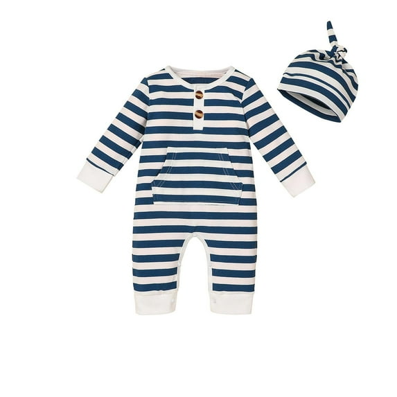 Fesfesfes Newborn Baby Pajamas Boys Girls Stripe Cotton Jumpsuit Long Sleeve Bodysuit Hooded Pocket Romper With Hat Onesie Set
