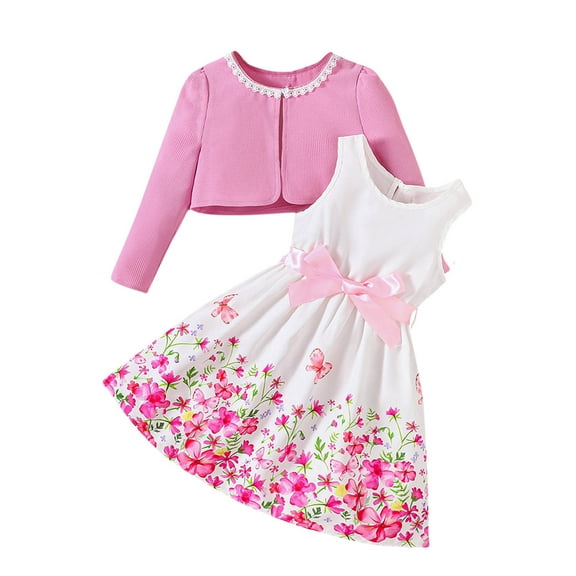 Fesfesfes Newborn Girl Outfit Fashion Girls Printed Cardigan Collar Jacket Long Sleeve Coat Strap Skirt Two Piece Set
