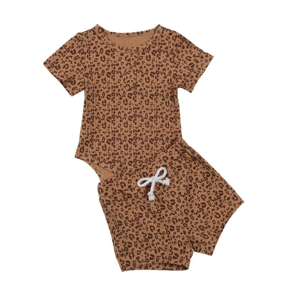 Fesfesfes Newborn Infant Baby Bodysuit Boys Girls Ribbed Leopard Print Romper Short Outfits Set