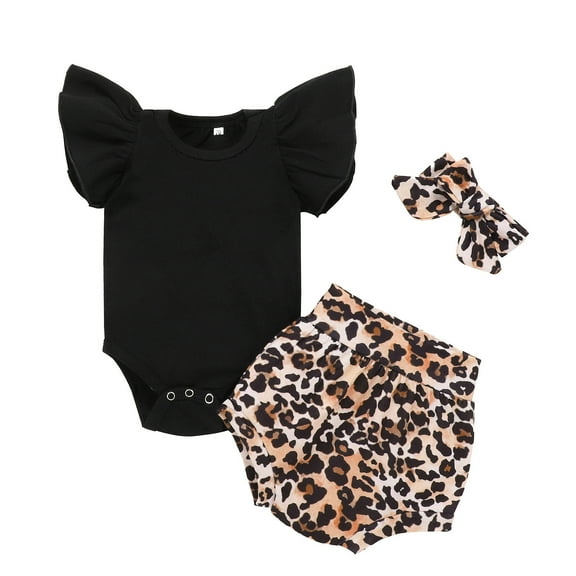 Fesfesfes Newborn Infant Baby Bodysuit Girl Solid Romper Bodytsuit Leopard Print Shorts Set Outfits