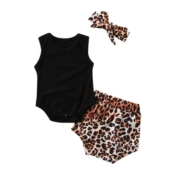 Fesfesfes Newborn Infant Baby Bodysuit Girls Solid Sleeveless Romper Leopard Shorts Outfits Set