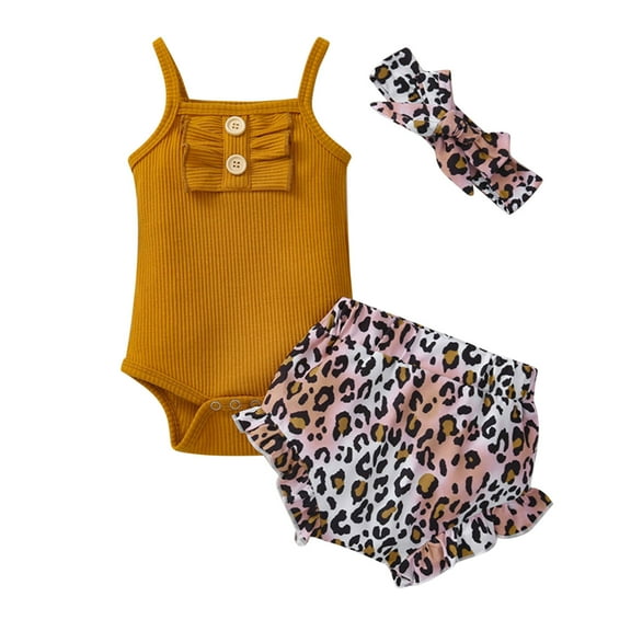 Fesfesfes Newborn Infant Baby Bodysuit Girls Solid Suspender Ribbed Romper Leopard Shorts Outfits