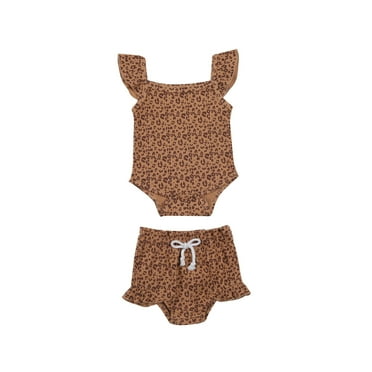 Fesfesfes Newborn Infant Baby Boys Girls Ribbed Leopard Print Romper Short Outfits Set