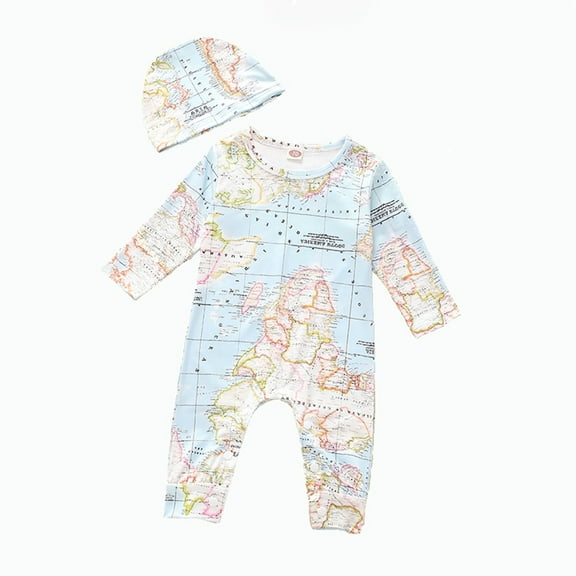 Fesfesfes Newborn Kid Baby Jumpsuit Boys Girls Cartoon Map Jumpsuit +Hat Outfits Clothes Clothes Sale