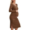 thumbnail image 1 of Fesfesfes Nursing Maternity Dress Long Sleeve Round Neck Solid Color Breastfeeding Friendly Pregnancy Dress for Women Easy Access(Coffee,L), 1 of 5