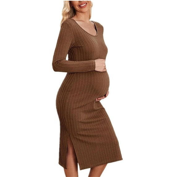 Fesfesfes Nursing Maternity Dress Long Sleeve Round Neck Solid Color Breastfeeding Friendly Pregnancy Dress for Women Easy Access(Coffee,XL)