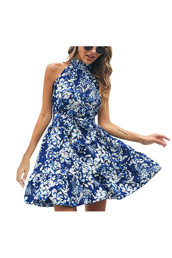 Off Shoulder Mock Neck Dress for Women Halter Neck Hollow Out Back Boho Mini Dress Casual Waist Lace Up Floral Print Spring Dress