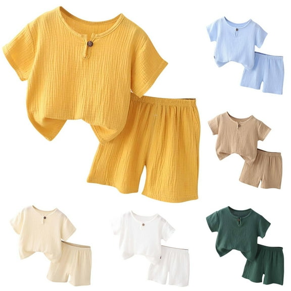 Fesfesfes Outfits For Girls Summer Toddler Kids Baby Boys Set Casual Solid Crepe Gauze T shirt Short Sleeve Shorts Set