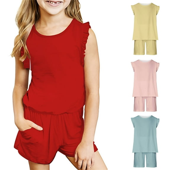 Fesfesfes Outfits For Girls Toddler Baby Girl Comfortable Color Sleeveless Cotton T-shirt Shorts Set 11-12 Years