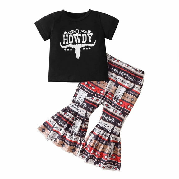 Fesfesfes Outfits For Kids Baby Girls Cotton Crew Neck Short Sleeve Casual Cow Print Trousers Bell-bottoms Set 3-4 Years